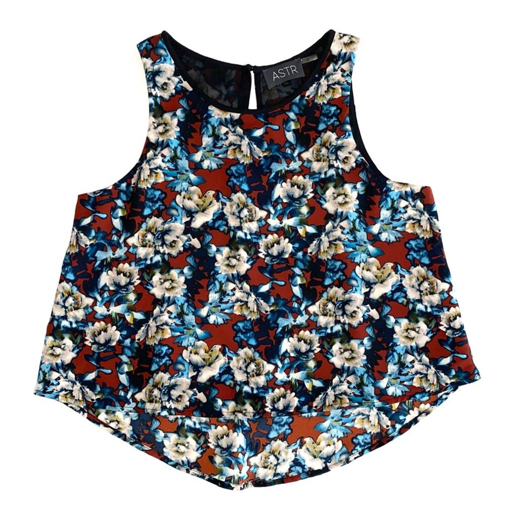 ASTR Draped Maroon Blue Dark Romance Floral Cropped Swing Tank Top Size XS